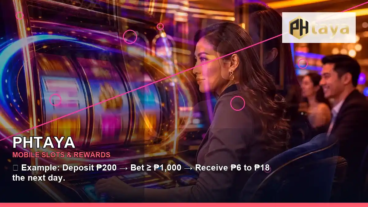 PHTAYA neon jackpot slot games featuring an adult Filipina casino host with a left-diagonal composition